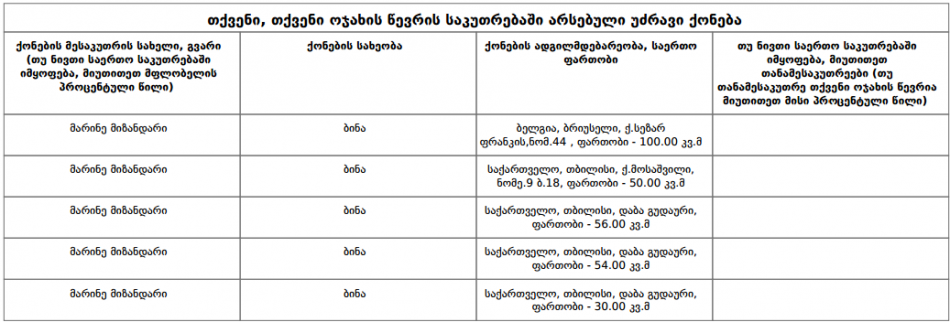 მარინე მიზანდარის ქონება და ვალები